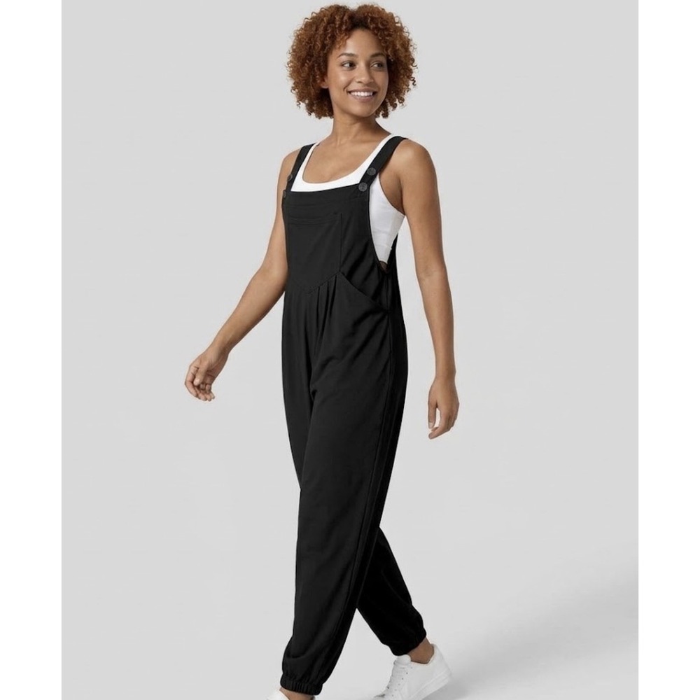 Halara Adjustable Strap Button Multiple Pockets Plicated Waffle Jogger Overalls